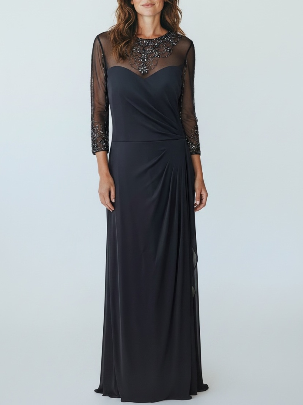 Patra  Evening Gown Navy Blue Sheer Chiffon  Beaded Sequin Dress Mother of Bride